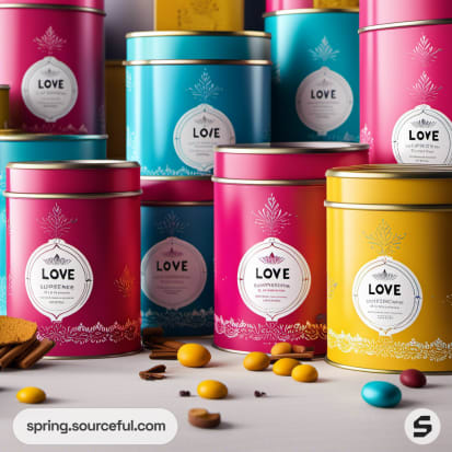 Assorted bright tins of tea with decorative labels on a pink background.