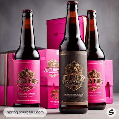 Three beer bottles in front of pink and black boxes, showcasing different beer label designs.