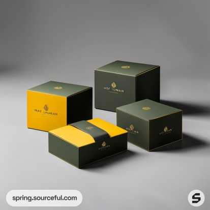 Green and yellow branded boxes arranged on gray.