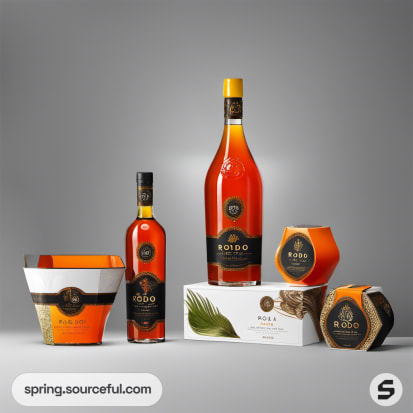 Assorted bottles and containers with an orange theme on a gray background.