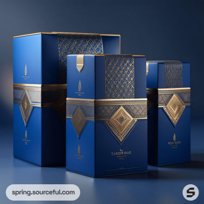 Luxurious blue and gold boxes with intricate patterns on a dark background.