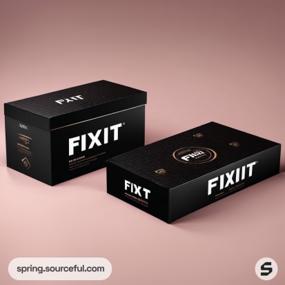 Black fixit boxes with gold accents on a pink background.