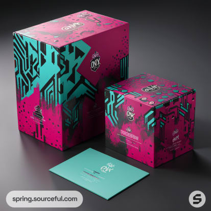 Two vibrant geometric mailer boxes, one large magenta and cyan, the other smaller with abstract patterns.