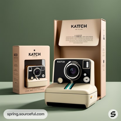 Classic camera in a foldable box on a green surface.
