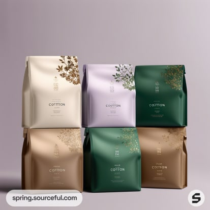 Set of six luxury resealable pouches in various colors with floral designs, arranged in two rows against a neutral background.