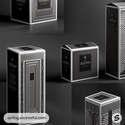 Black and white patterned cardboard boxes with geometric designs displayed on a dark background.