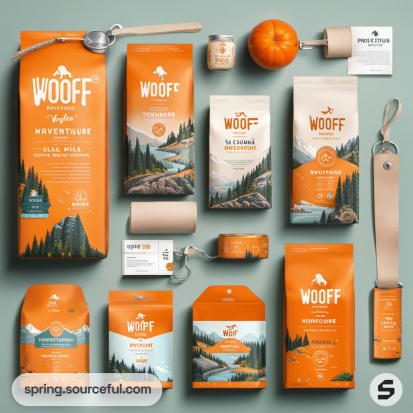 Selection of orange pet care products with mountain scenery graphics on green background.