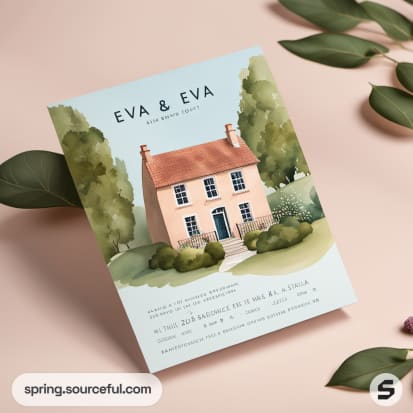 Invitation with a painted house and greenery on a pastel background.