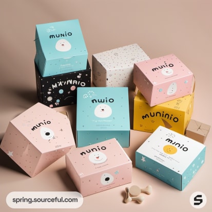 Colourful boxes with animated animal motifs and 'munio' branding on pastel colors.