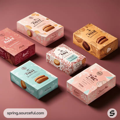 Macaron-themed packaging in pastel colors with elegant patterns.