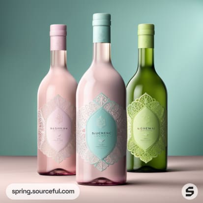 Three pastel-colored wine bottles with intricate labels on a teal background.