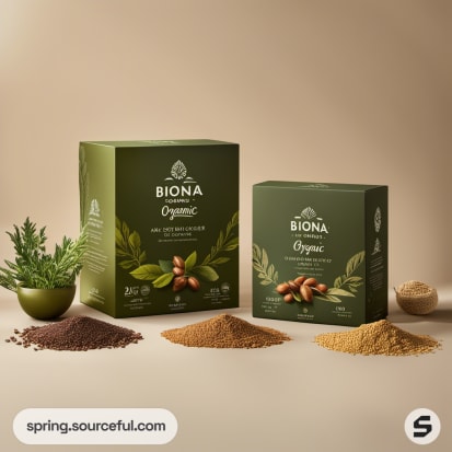 Boxes with green foliage graphics and organic labels