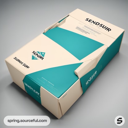 Cream and teal foldable box with surfing graphics and 'SENDSURF' text.