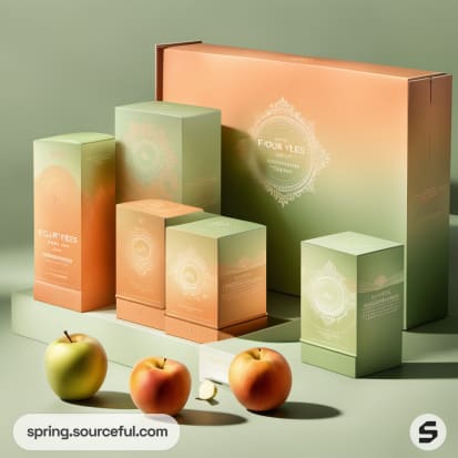 Set of gradient green and orange boxes with apples on a pastel background.