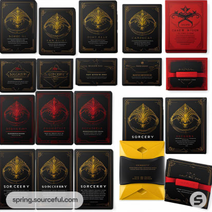 Collection of card game packages with ornate designs in red, gold, and black colors.