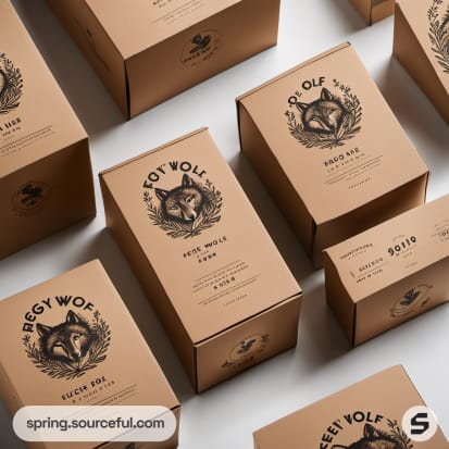 Brown boxes with wolf illustrations in black ink