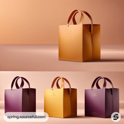 Elegant paper bags with leather handles in brown, yellow, and purple hues against a gradient backdrop.