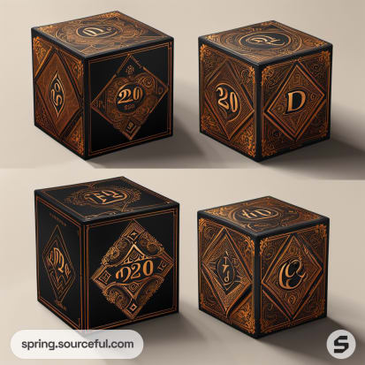 Black and bronze geometric boxes with stylized number motifs.