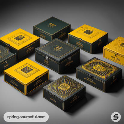 Square escape room boxes in black and yellow with circular patterns.