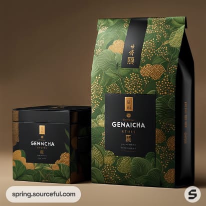 Black and green patterned tea packaging with a floral theme.