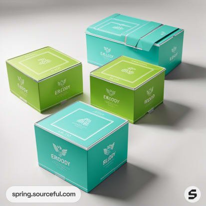 Green and turquoise cube boxes with abstract logos.