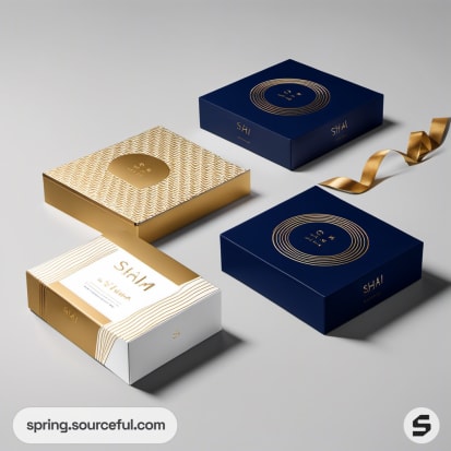 Golden and navy boxes with geometric patterns, featuring a ribbon accent.