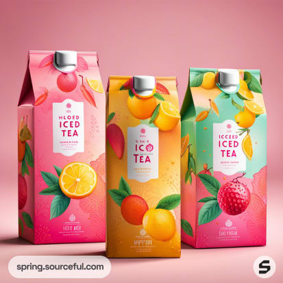 Colorful iced tea cartons with fruity designs on a pink background.