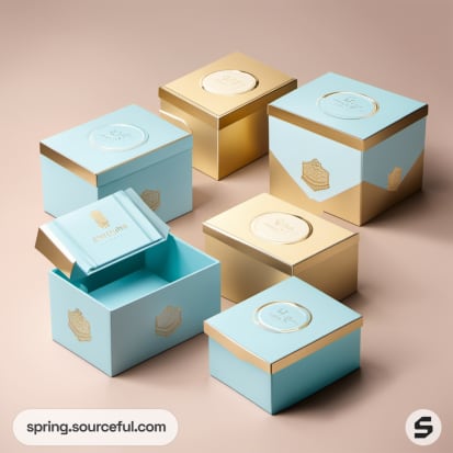 Assorted small blue and gold boxes with lids on a light background.