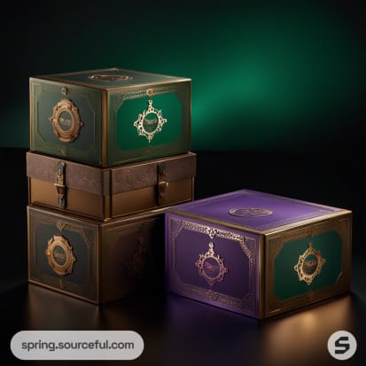 Stacked luxurious boxes with gold detailing, green and purple hues, and metallic finishes against a dark backdrop.