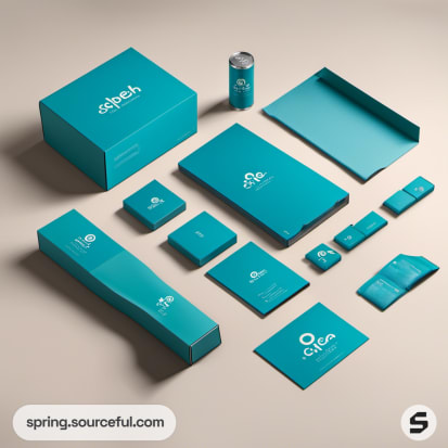 Teal packaging assortment on a beige background.