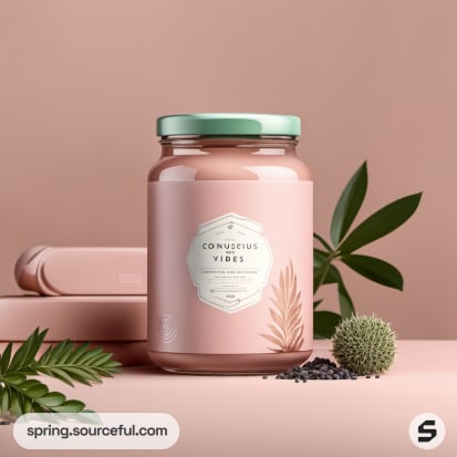 Single pink jar with green lid, surrounded by leaves and seeds.