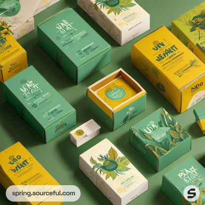 Assorted green and yellow packaging with botanical themes.