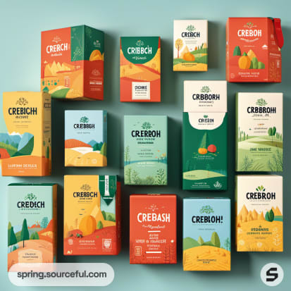 Vibrant packaging boxes with nature-inspired designs, showcasing fruit and landscape imagery.