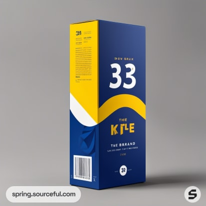 Tall rectangular box in blue and yellow with text and graphics.