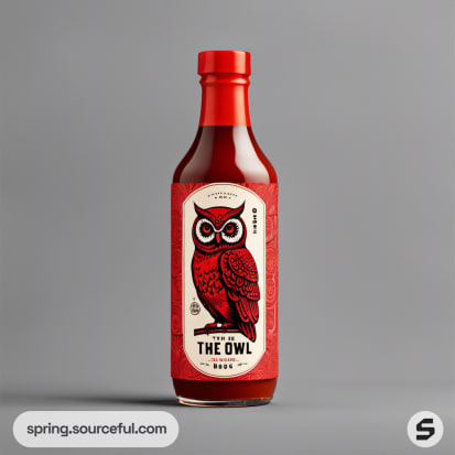 A single owl-themed hot sauce bottle with a detailed red label on a gray background.