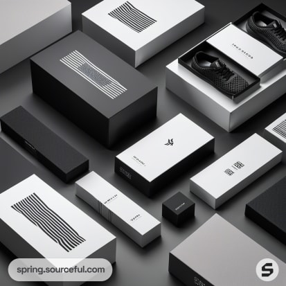 Black and white minimalist shoe packaging boxes arranged on a grey surface.