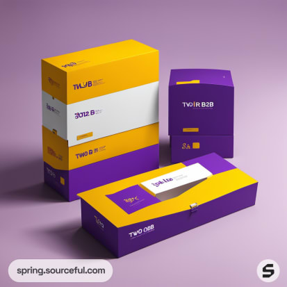 Three boxes, one upright, in purple and yellow on a purple background.