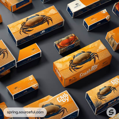 Various orange and blue boxes with crab images on a dark surface.