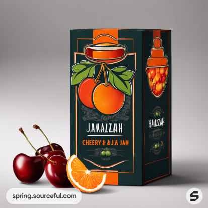 Box of cherry and orange jam with fruit images.