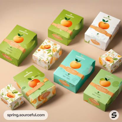 Assorted green, peach, and white boxes with fruit illustrations on a beige surface.