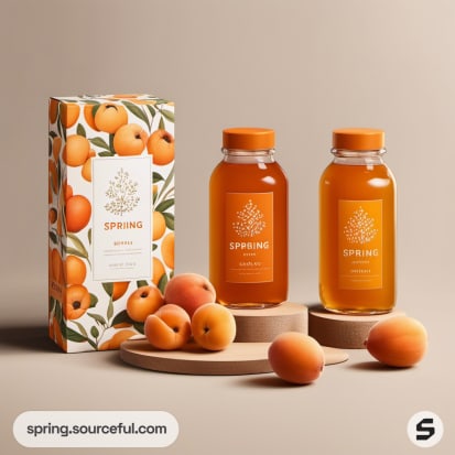 Bottles and apricots with patterned box packaging.