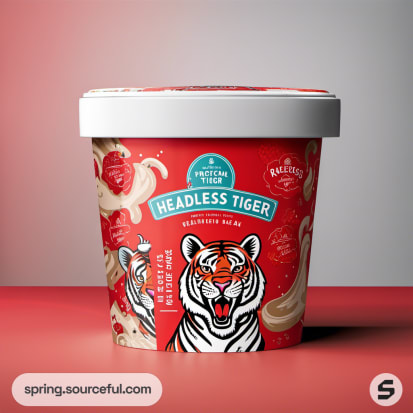 Single ice cream tub with a red and white tiger design on a red background.