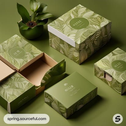 Green leaf-patterned boxes with sliding drawers on a green background.