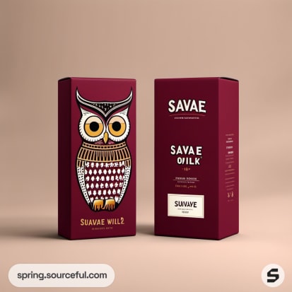 Burgundy boxes with a stylized owl design on a neutral background.