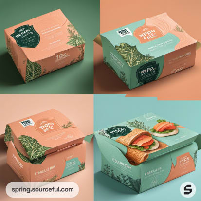 Four sandwich boxes in peach and teal with leaf patterns and product images.