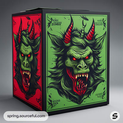 Graphic mailer box with green and red panels featuring demonic face illustrations.