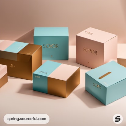 Colorful boxes in teal, peach, and gold.