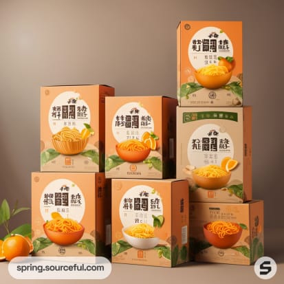 Stacked orange noodle boxes with decorative images of bowls and noodles.