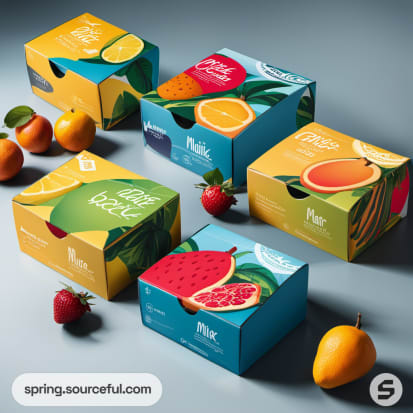 Assorted fruit graphics on vibrant mailer boxes with matching backgrounds.