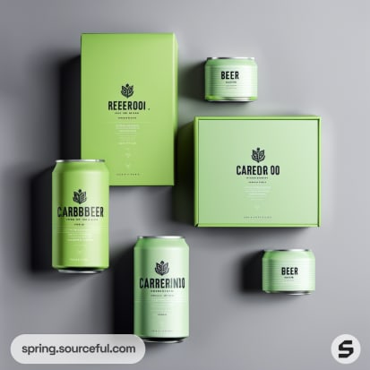 Green beer packaging with cans and boxes on a gray background.